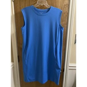 EILEEN FISHER Sleeveless Swing Shift Midi Dress Pockets Blue XS Oversized Cotton